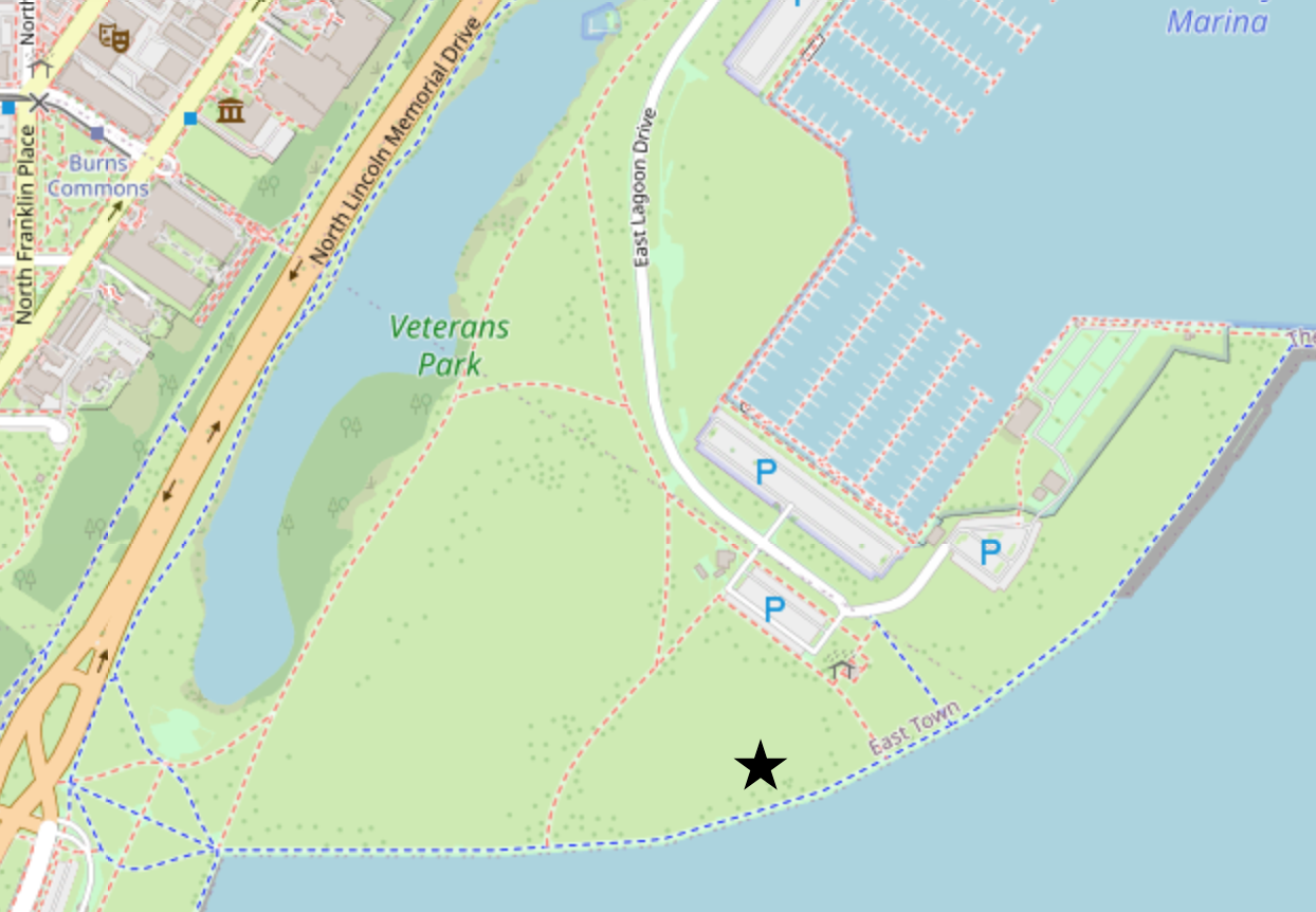 our location in veterans park, from Open Street Map