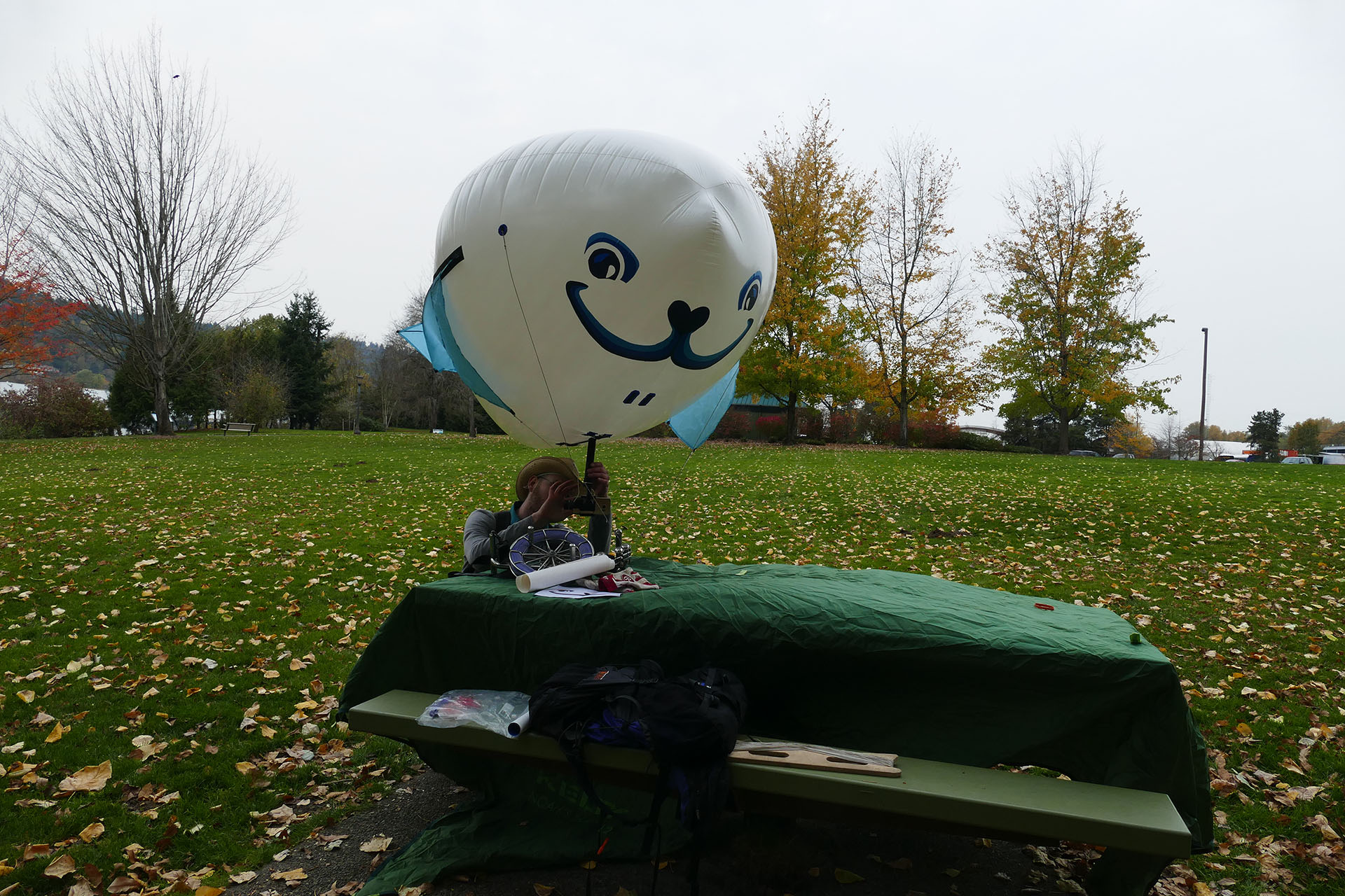 Airpup mascot by Justin Nichol in flight by the St. Johns Bridge in Portland, OR